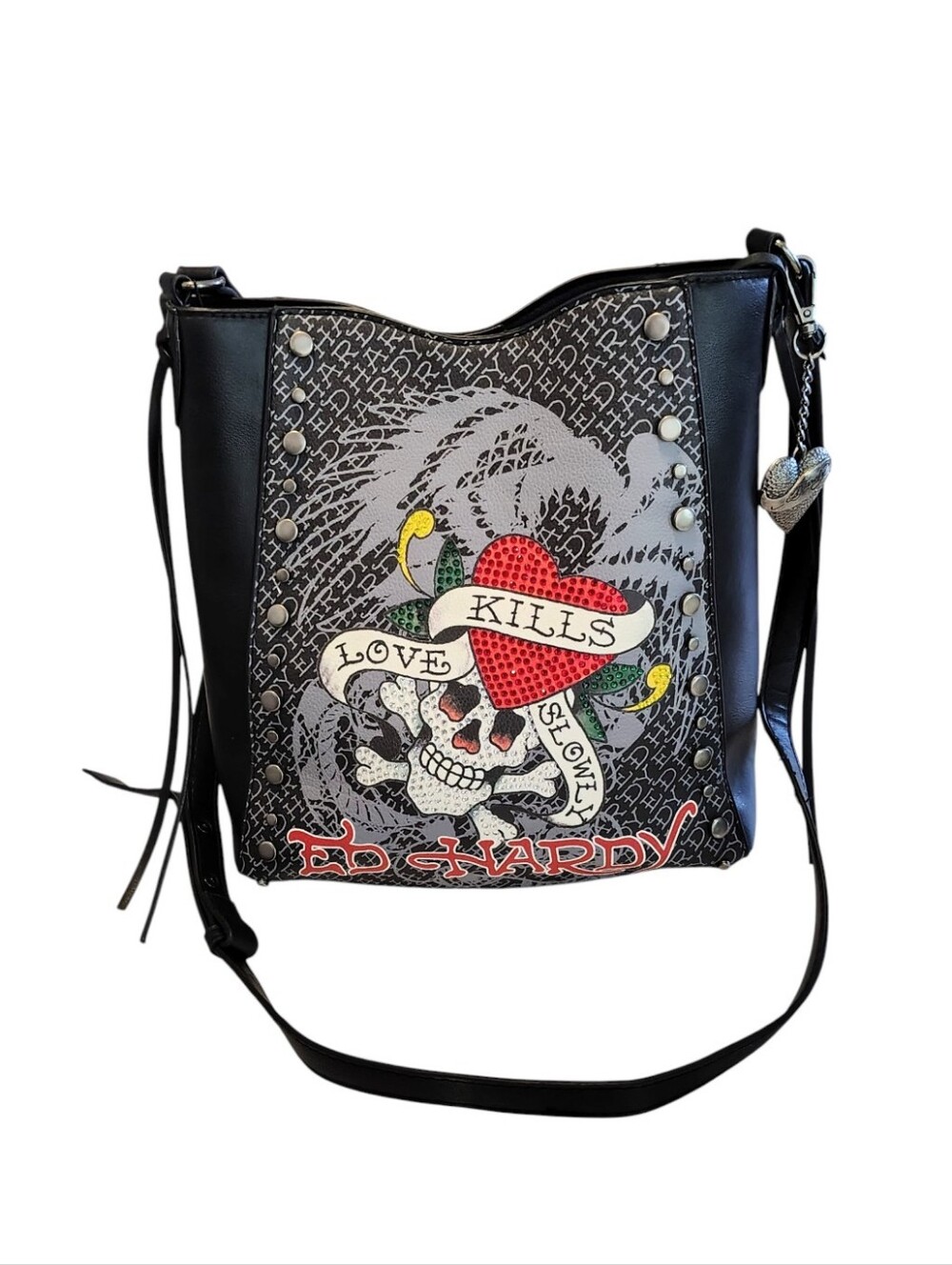 Ed Hardy Grunge Black Love Kills Slowly Rhinestone Skull & Metal Rivets Satchel